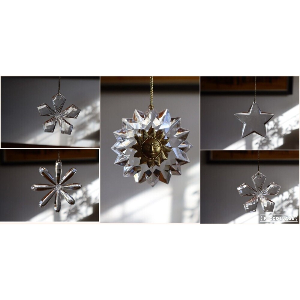 Lot of 5 Plastic Acrylic Clear Snowflake Ornaments Sun Face Celestial Sunburst - Picture 1 of 12